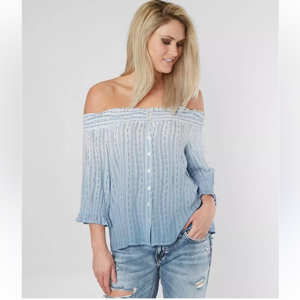 Miss Me Off Shoulder 3/4 sleeve Blouse Top Blue Dye Print Front Buttoned M